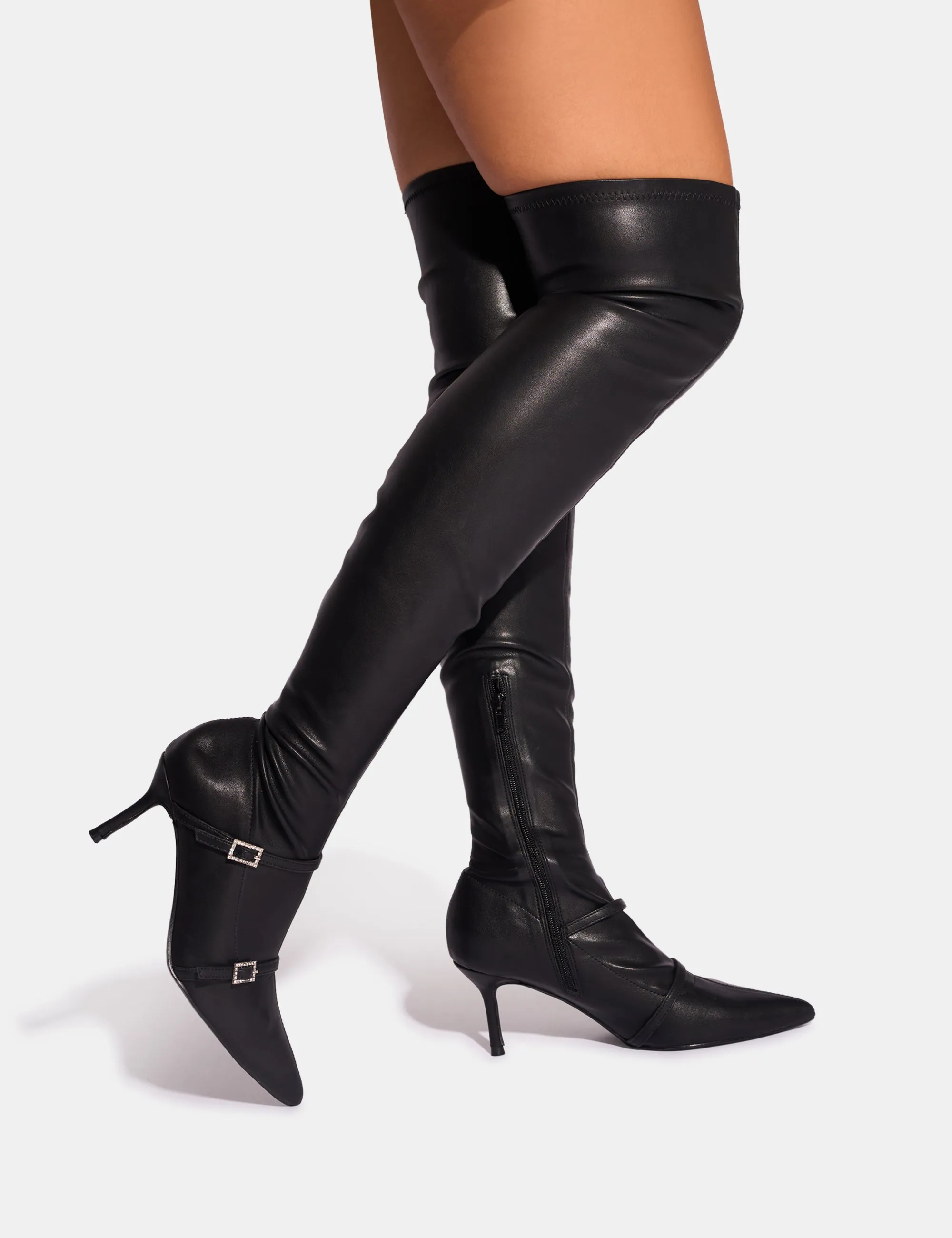 Roulette Black Pointed Toe Diamante Buckle Mid Heel Over The Knee Sock Boots