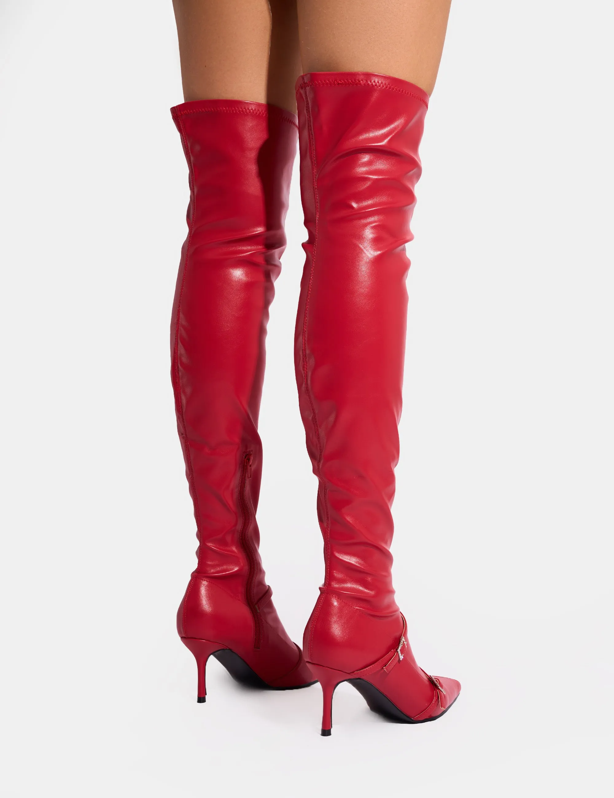 Roulette Red Pointed Toe Diamante Buckle Mid Heel Over The Knee Sock Boots