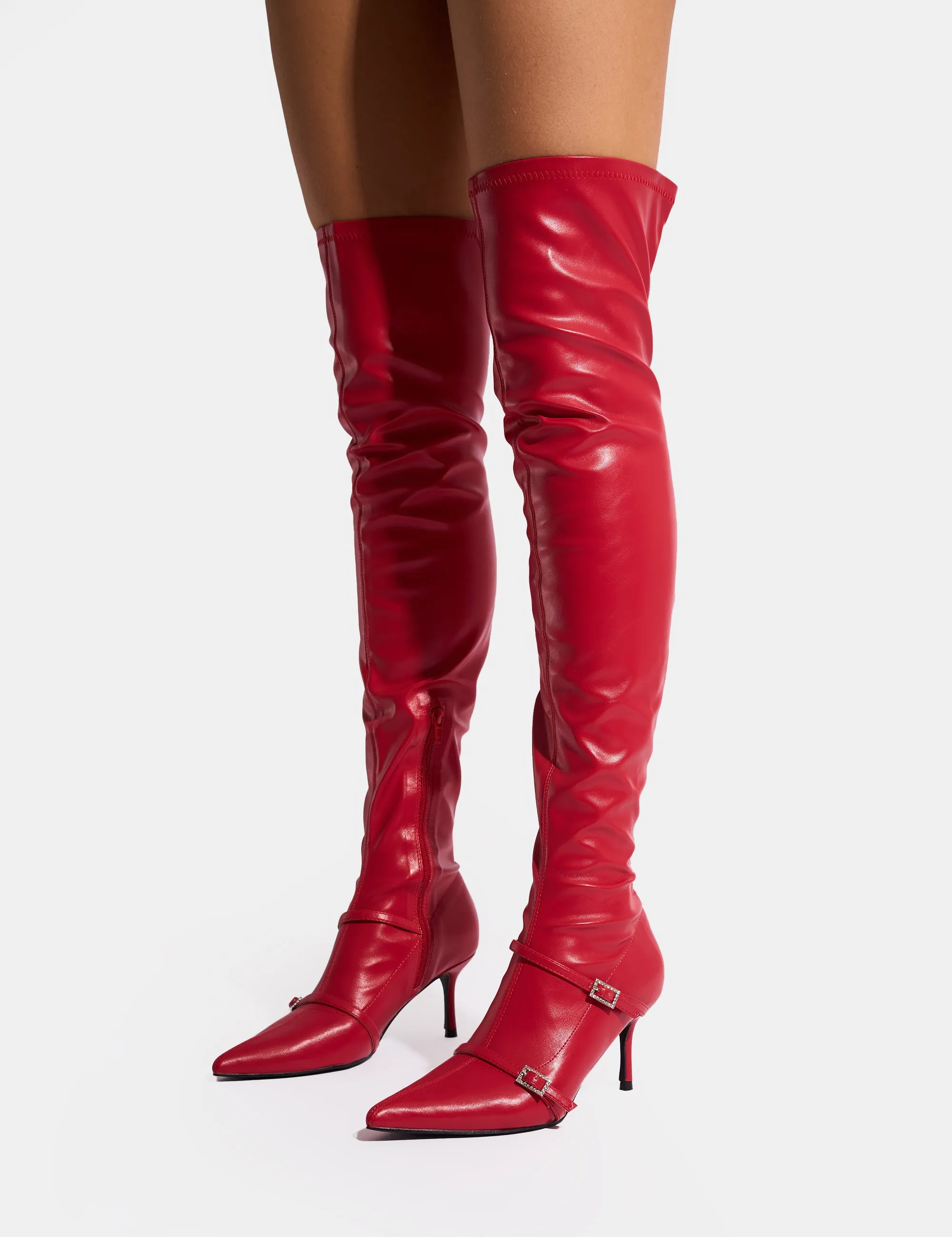 Roulette Red Pointed Toe Diamante Buckle Mid Heel Over The Knee Sock Boots