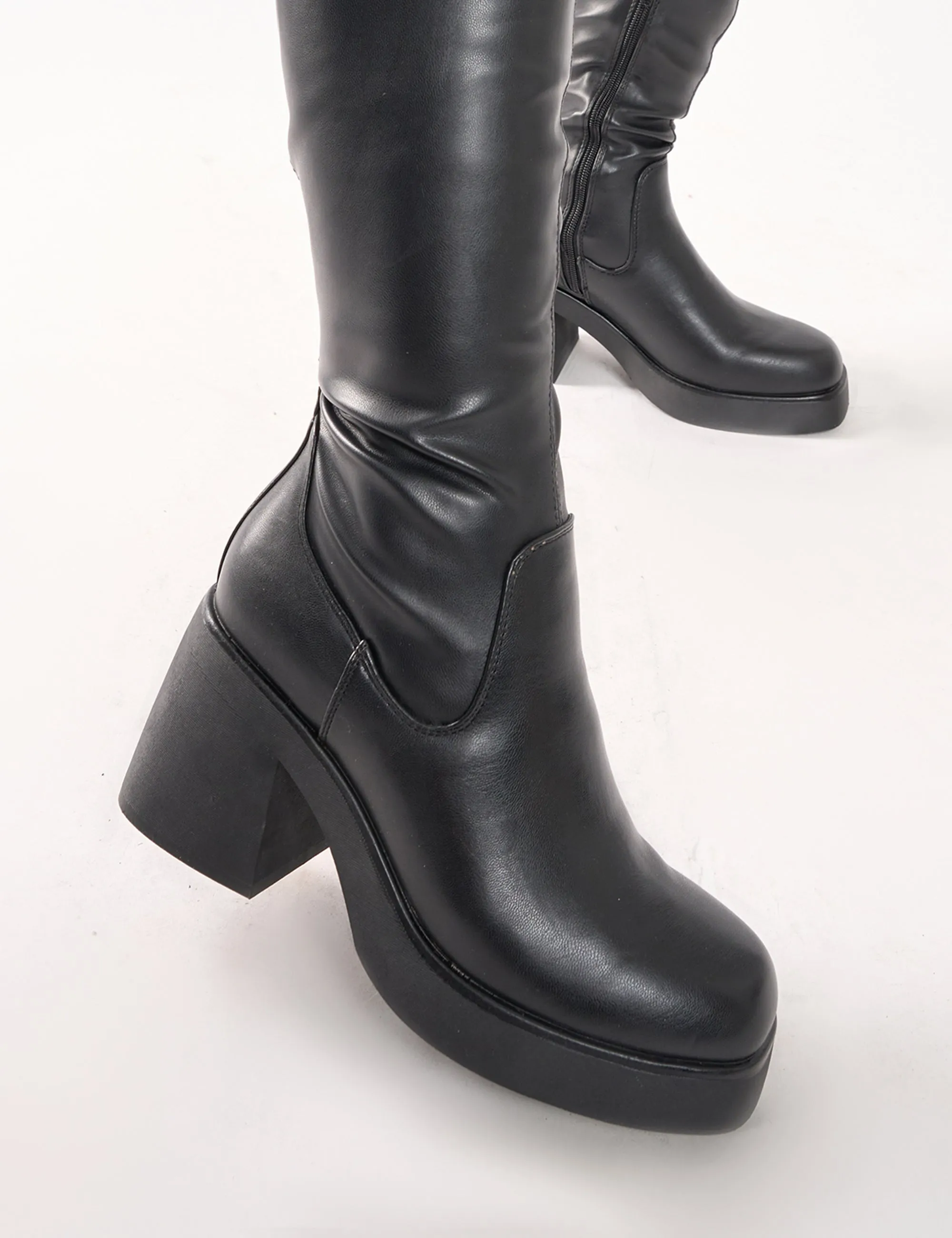 Sensored Black Chunky Sole Sock Over the Knee Boots