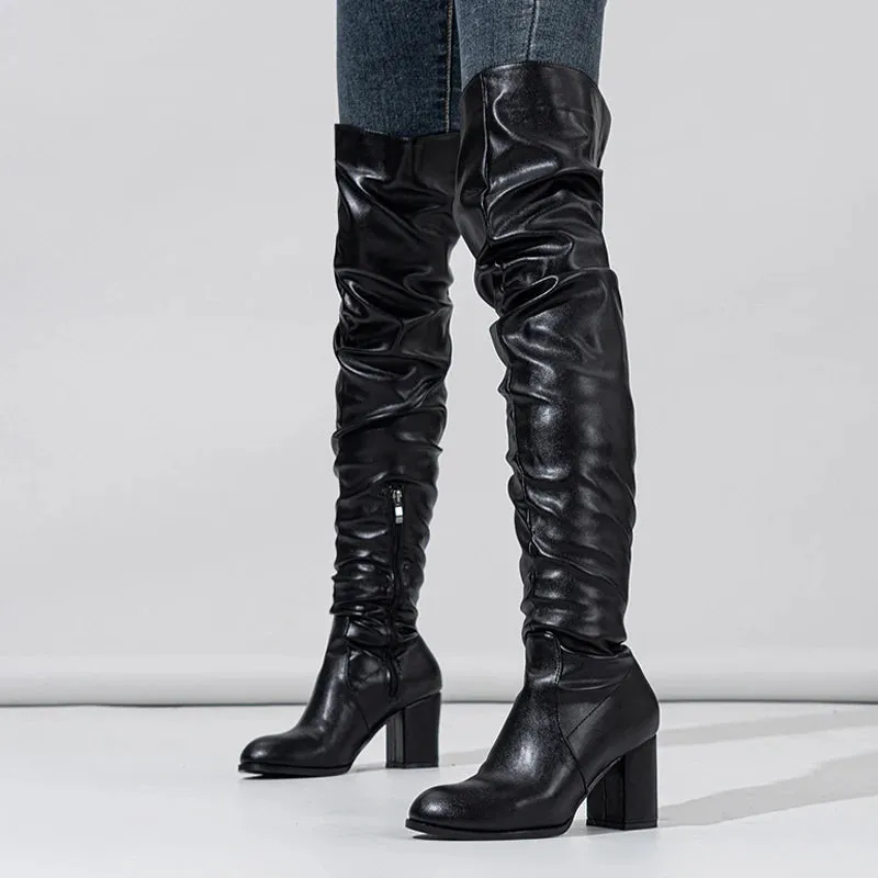 Soft Pleated Leather Over The Knee Boots