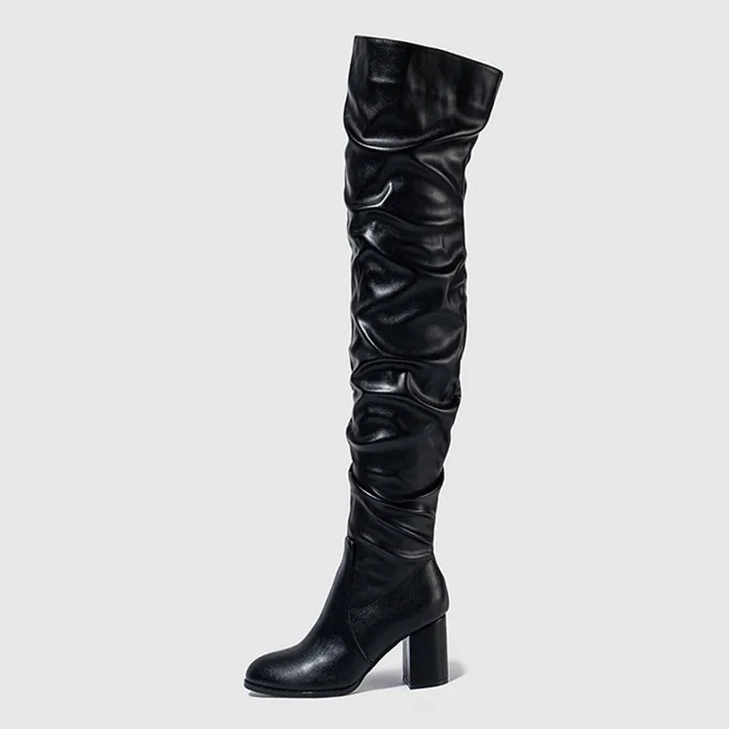 Soft Pleated Leather Over The Knee Boots