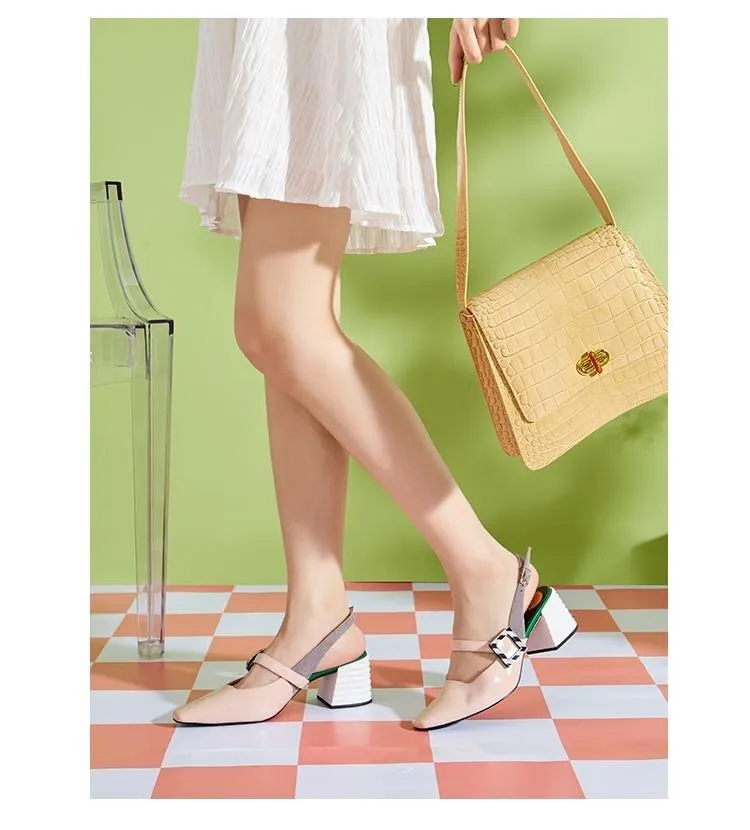 Spring square head buckle thick heel color block high heels -Yun