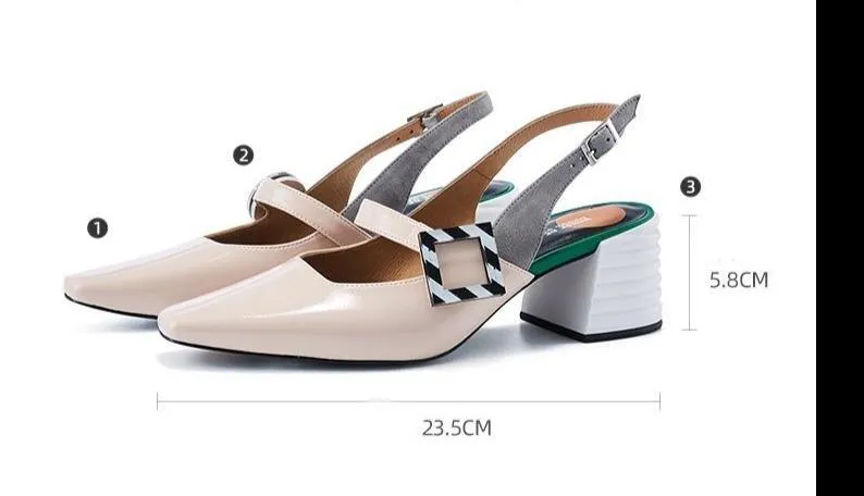 Spring square head buckle thick heel color block high heels -Yun