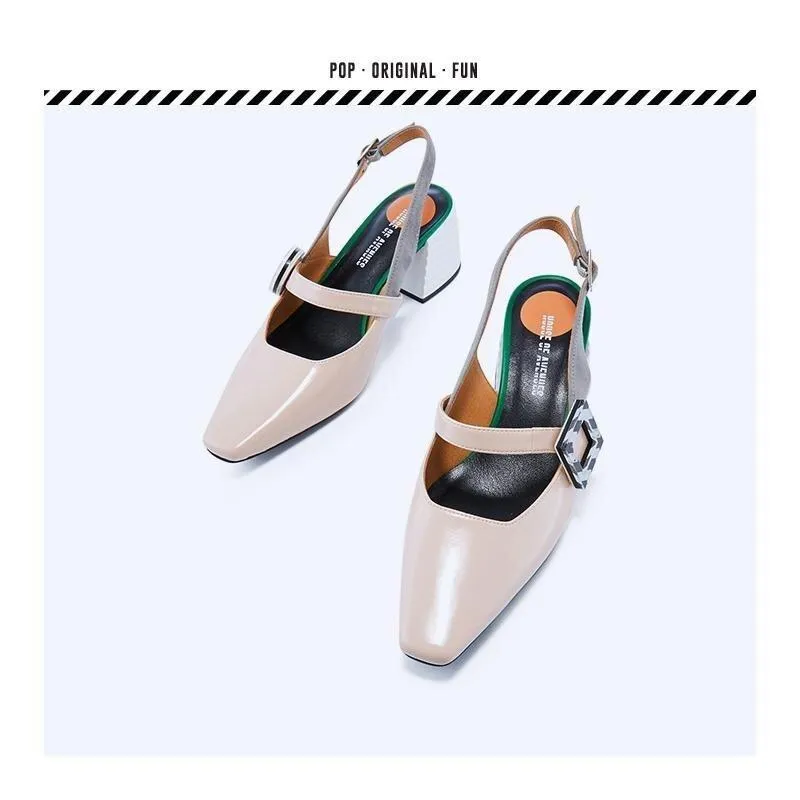 Spring square head buckle thick heel color block high heels -Yun