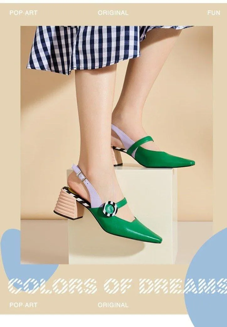 Spring square head buckle thick heel color block high heels -Yun