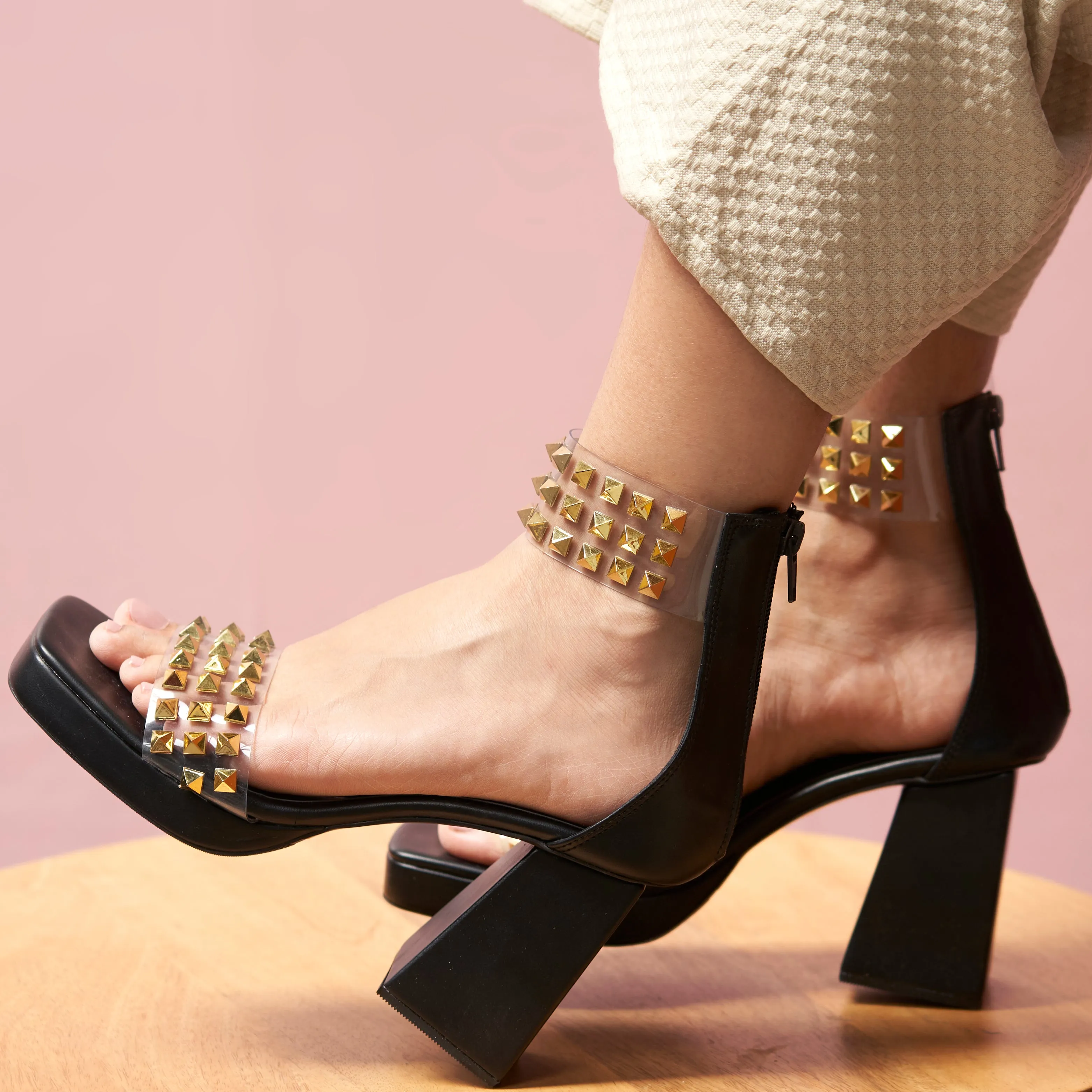 Stellar Black Studded Block Heels