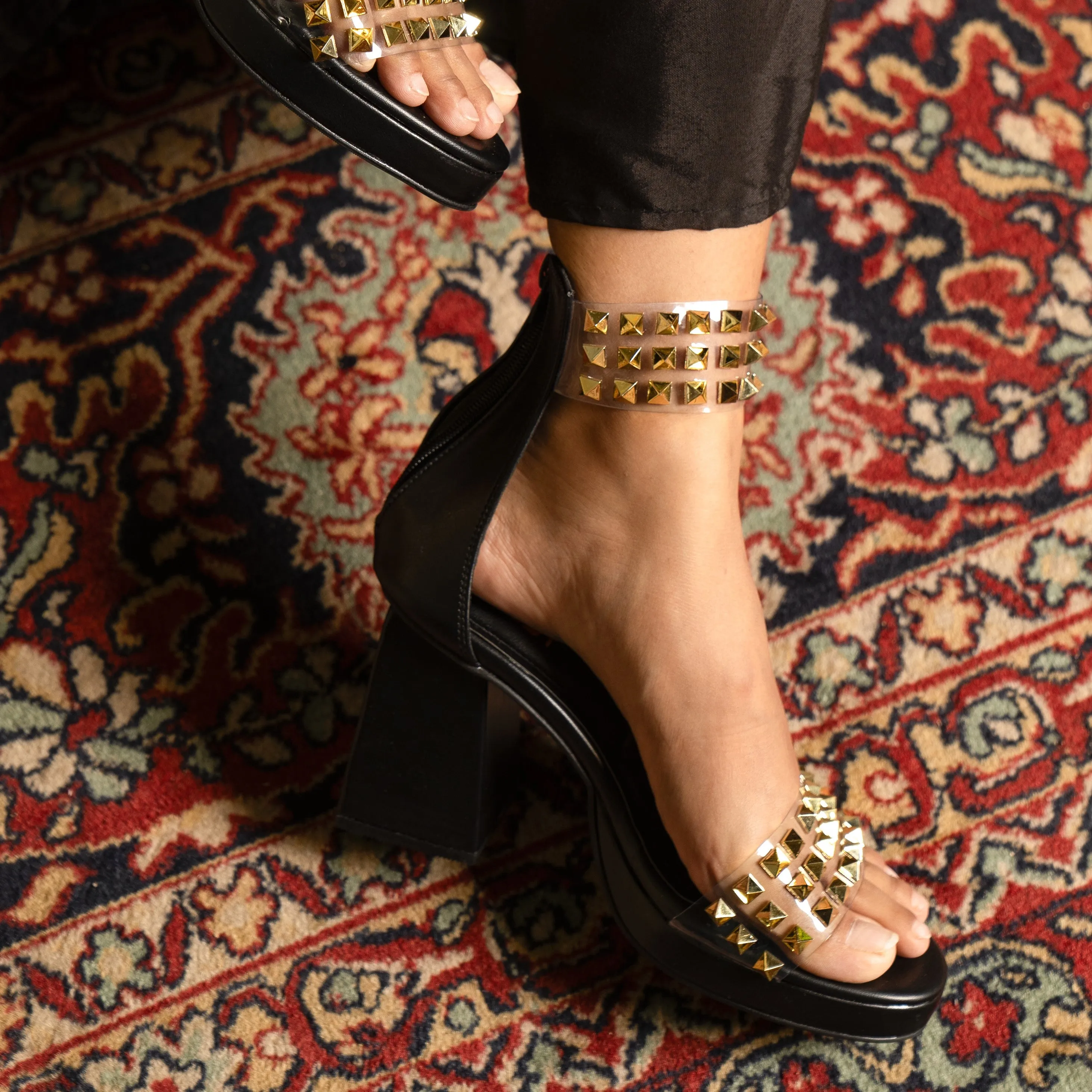 Stellar Black Studded Block Heels