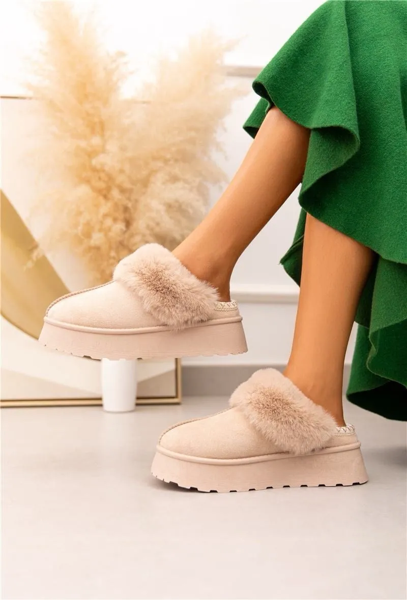 ULTRA MINI PLATFORM FLUFFY FURR ANKLE SLIPPERS IN BEIGE