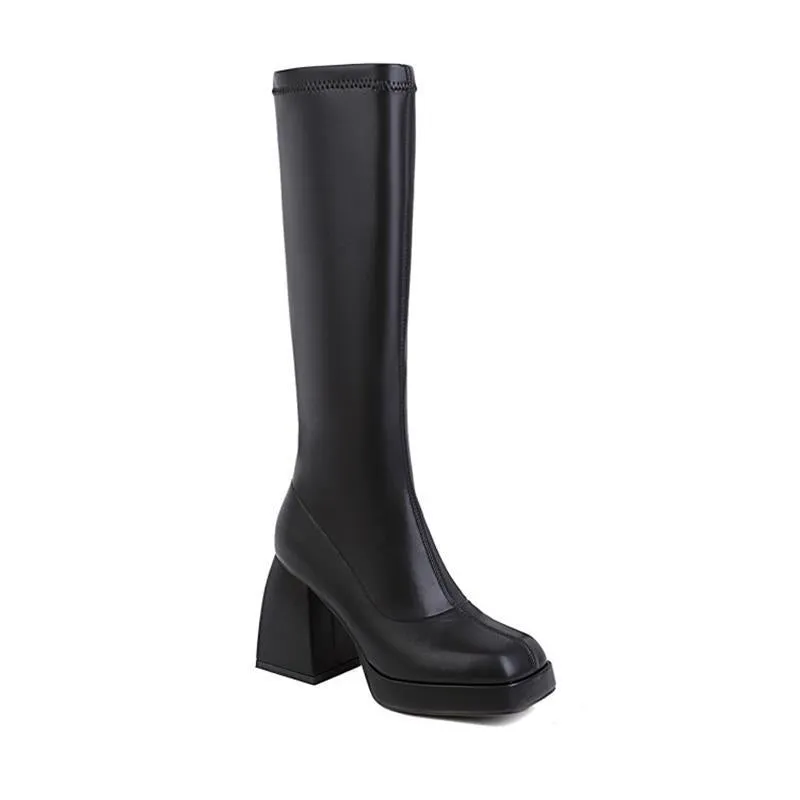 Women Boots Over The Knee Block Heel Zipper Boot