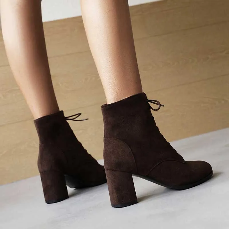 Women Lace-up Chunky High Heel Boots Vintage Ankle Booties Suede Shoes