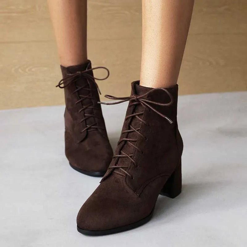 Women Lace-up Chunky High Heel Boots Vintage Ankle Booties Suede Shoes