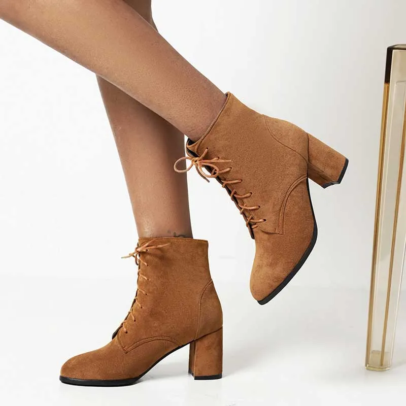 Women Lace-up Chunky High Heel Boots Vintage Ankle Booties Suede Shoes