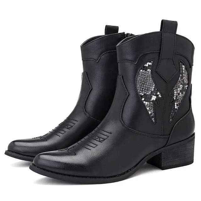 Women's Fashion Cowgirl Western Ankle Boots - Black,White