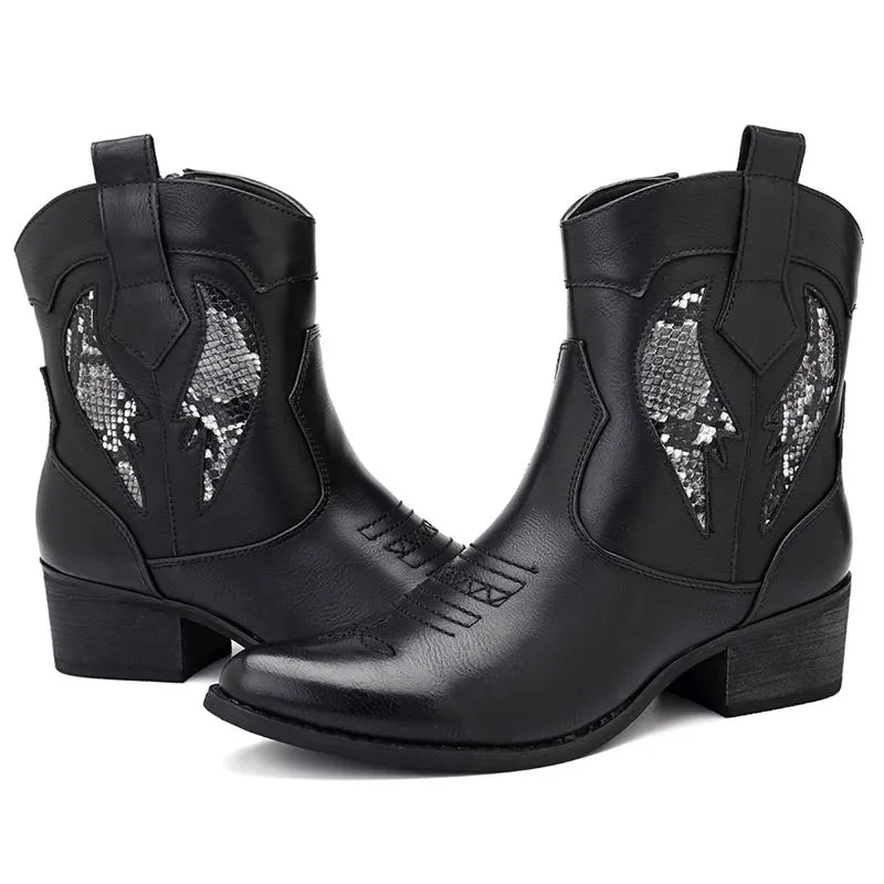 Women's Fashion Cowgirl Western Ankle Boots - Black,White